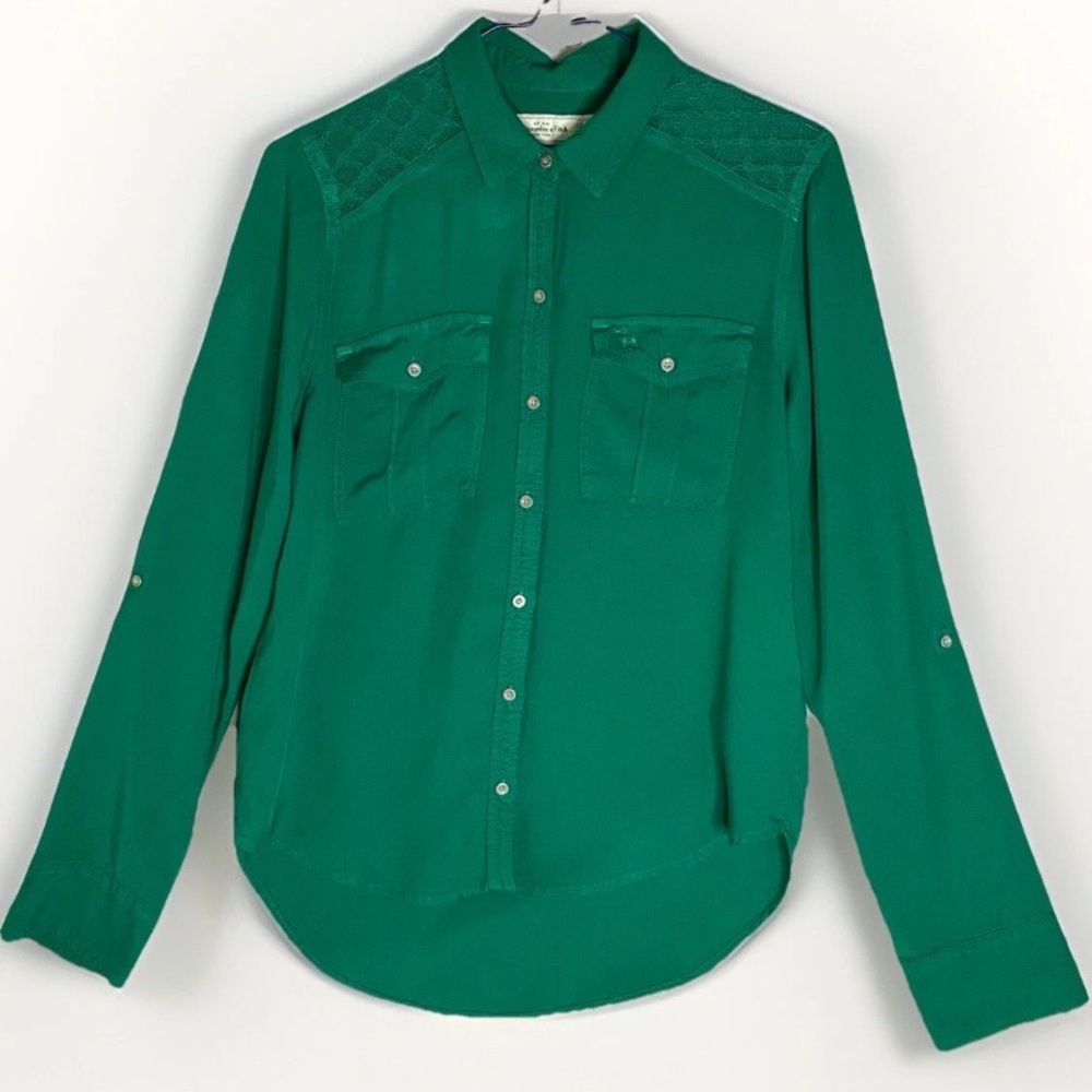Abercrombie & Fitch Long‎ Sleeve Lace Shoulder Emerald Green Y2K Button Shirt XS